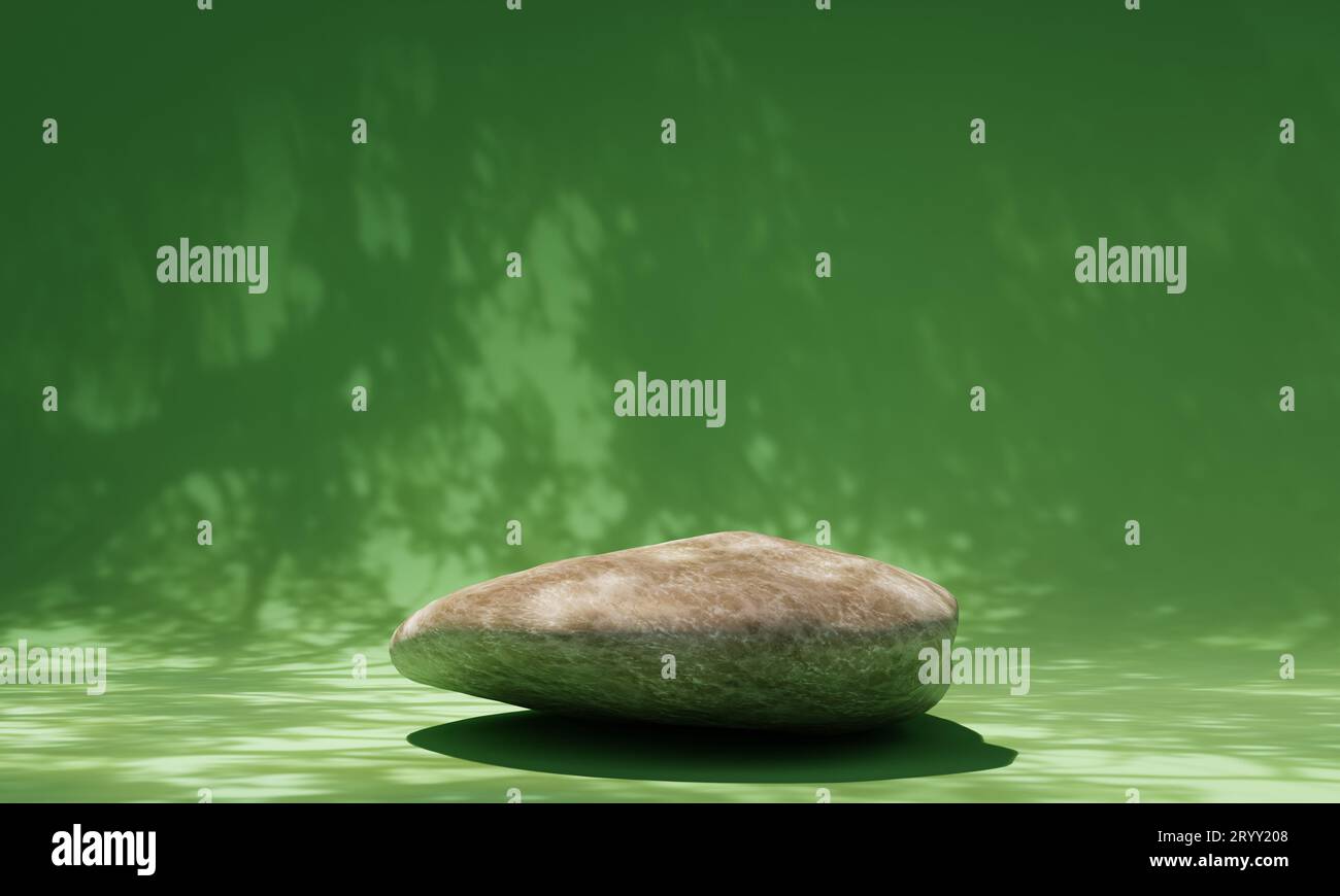 Felsen mit natürlichem grünen Hintergrund und realistischem Baumschatten. Abstraktes und Naturkonzept. 3D Darstellung von Illustrationen Stockfoto