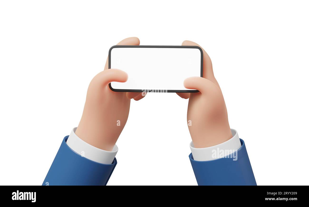 Hand mit Smartphone im horizontalen Winkel zum Spielen oder Anschauen von Social Network-Plattformen auf weißem isoliertem Hintergrund. Technik Stockfoto