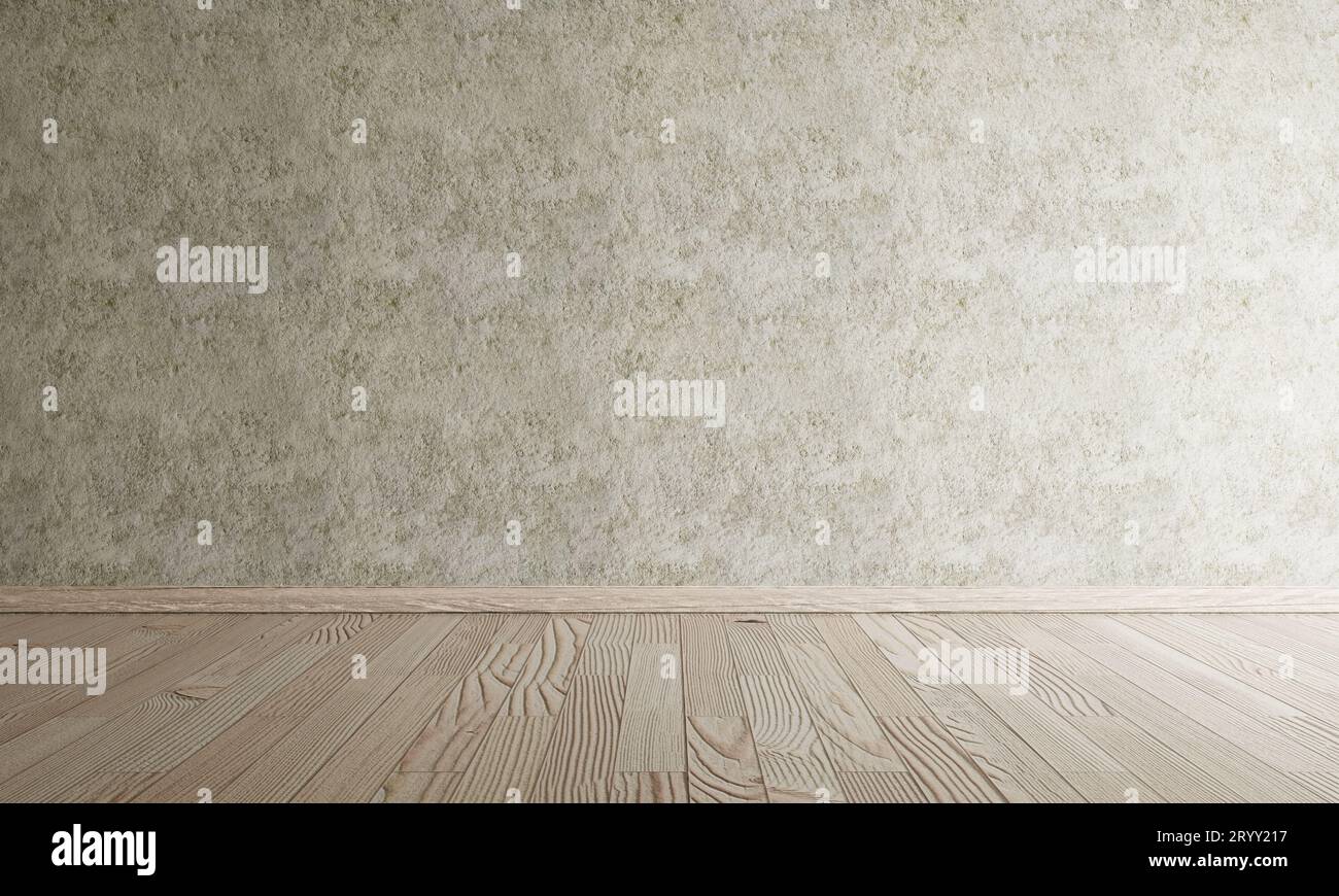 Leeres Zimmer mit Holzfußboden und roher Betonwand in dunklem Vintage-Hintergrund. Innenarchitektur und -Konstruktion Stockfoto