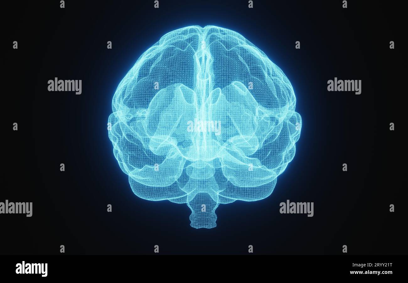 Strahlendes Röntgenbild des menschlichen Gehirns in blauem Drahtmodell auf isoliertem schwarzem Hintergrund. Wissenschaft und medizinisches Konzept. Vor dem Brai Stockfoto