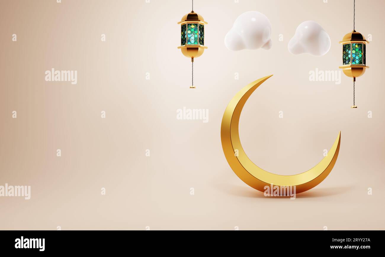 Goldener Halbmond mit arabischer Laterne auf korallenfarbenem Hintergrund. EID Mubarak oder Ramadan Urlaub und traditionelle Religion con Stockfoto