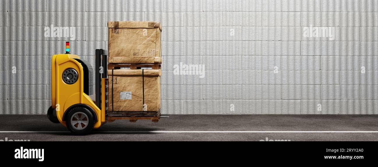 Fahrerloser Gabelstaplerroboter zum Anheben und Verschieben von Paletten aus Karton in den Lagerraum. Industrie- und Produktionsbereich Stockfoto