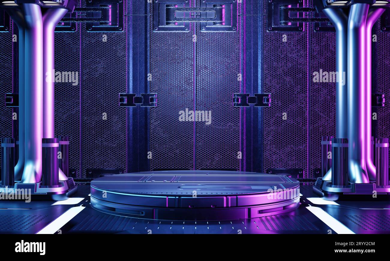Cyberpunk Science-fiction-Produktpodium in Raumschiff-Basis mit blauem und rosa Hintergrund. Technologie- und Objektkonzept. 3D-Beleuchtung Stockfoto