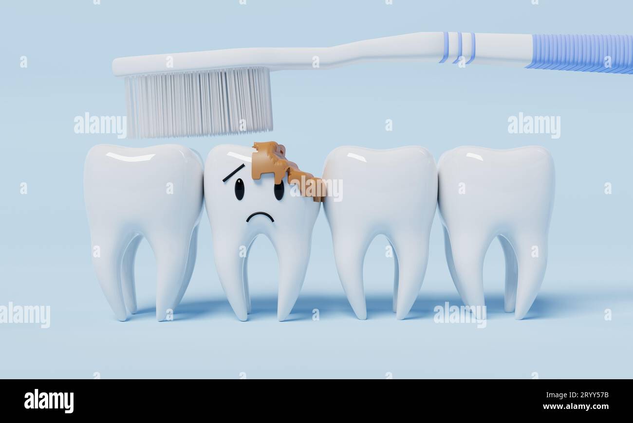 Ungesunde Emotionen Zähne mit Zahnbürste auf blauem Hintergrund. Zahnmedizin und Gesundheitswesen Konzept. 3D Darstellung von Illustrationen Stockfoto
