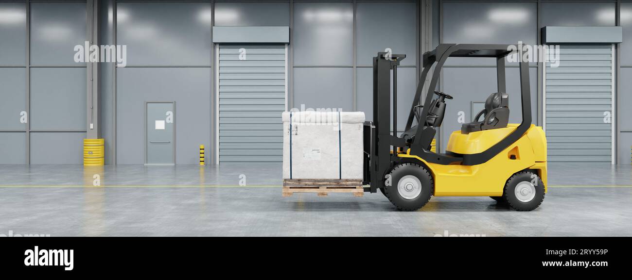 Gabelstapler im Lager bewegt und lädt Palettenkiste aus Karton mit Hintergrund für Kopierraum. Industriemaschinen und Unternehmen Stockfoto