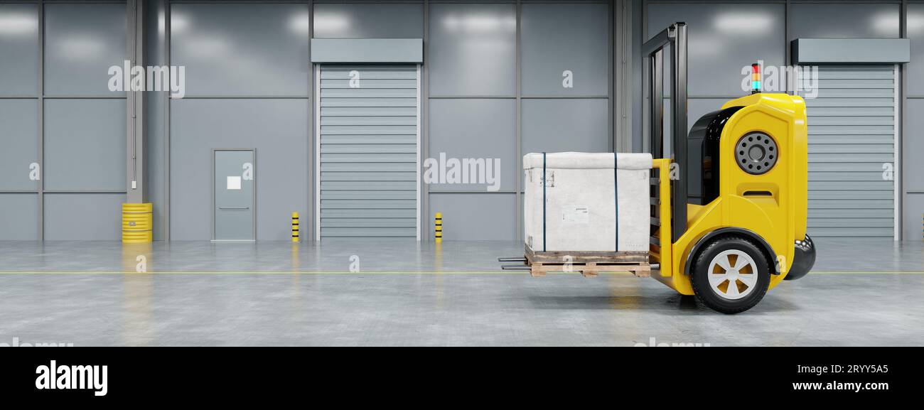 Fahrerlose Robotik Auto-Gabelstaplerroboter heben und transportieren Paletten Karton in Lagerraum im Hintergrund der Fabrik. Busin Stockfoto