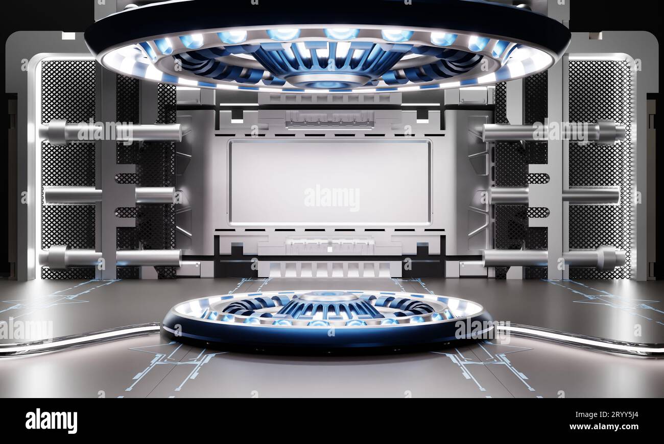 SCI-fi-Produktpodium im Raumschiff mit weißem und blauem Hintergrund. Raumfahrttechnik und Objektkonzept. 3D-Abbildung Stockfoto