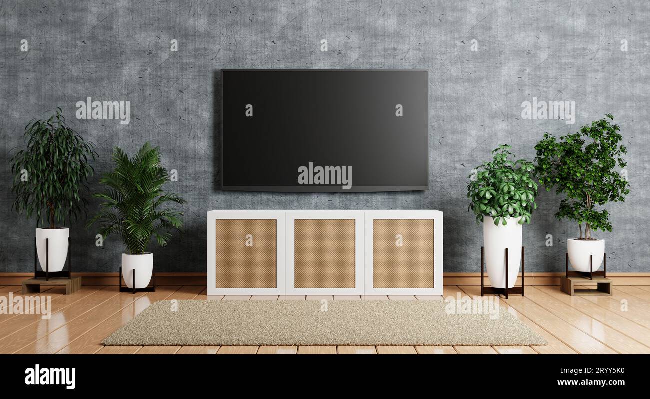 Fernseher über Holzschrank in modernem, leerem Zimmer mit Pflanzen und Teppich auf Holzboden. Architektur und Innenkonzept. 3D-Illus Stockfoto