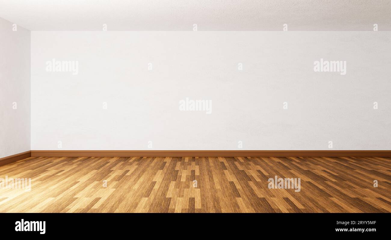Leeres Zimmer mit Parkettboden und weißem Betonhintergrund. Architektur und Innenkonzept. 3D-Illustration rend Stockfoto