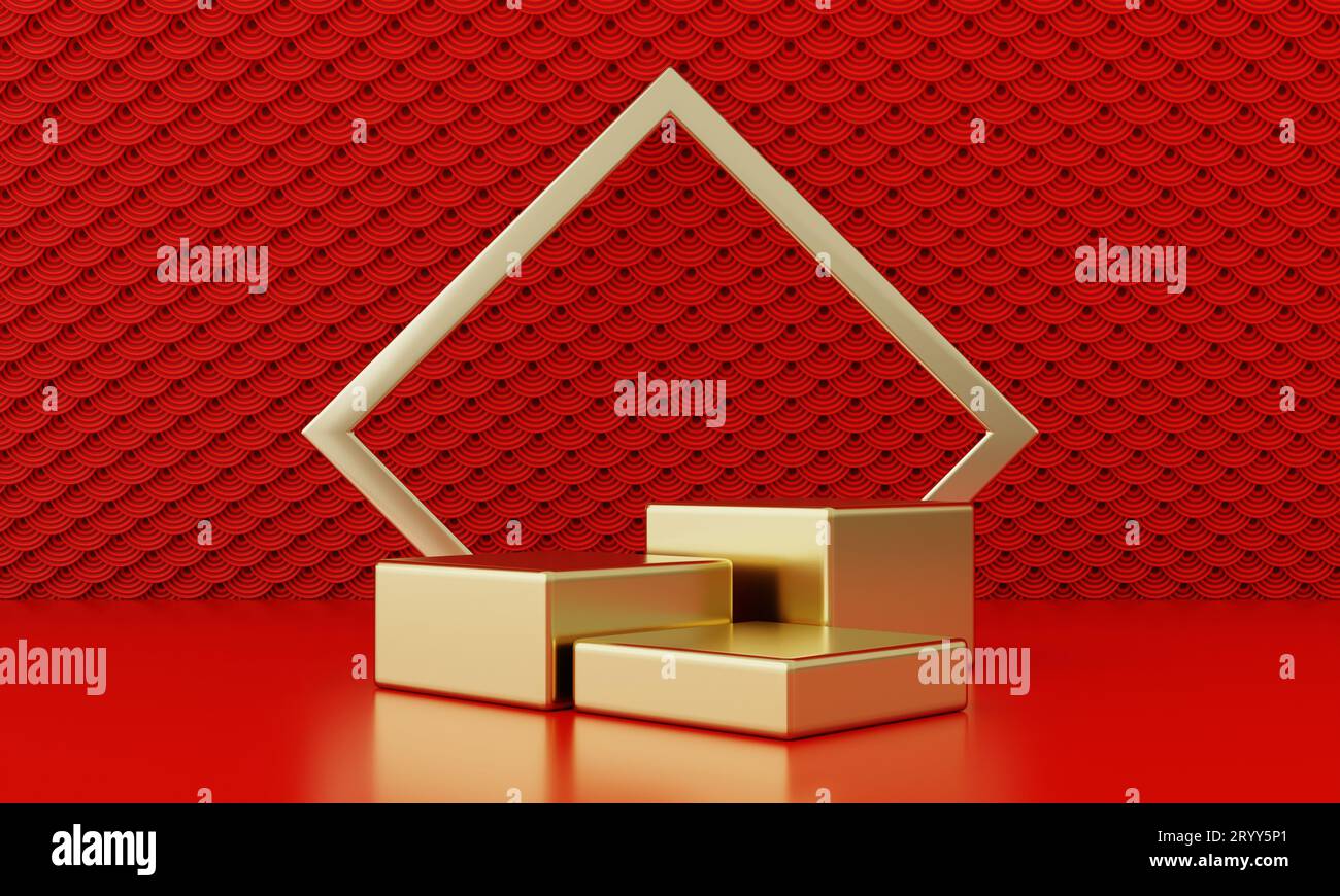 Chinesisches Neujahrsrot im modernen Stil drei Podium Produktpräsentation mit goldenem Ringrahmen japanischer Stil Muster Hintergrund. Glücklich Stockfoto