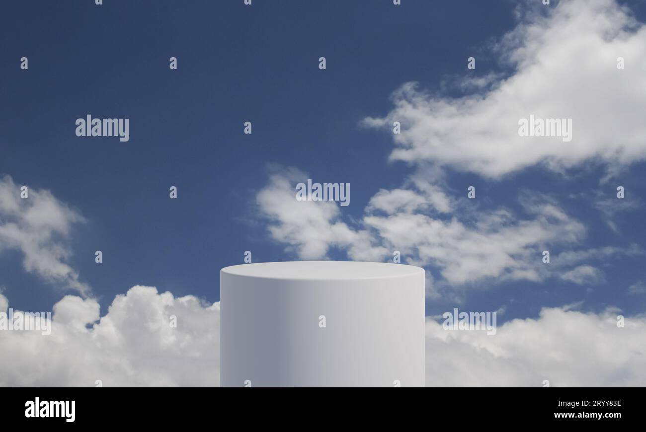 Weißes Zylinderpodium mit flauschigem Wolkenhintergrund und Kopierraum. Abstraktes und minimalistisches Konzept. 3D-Illustration rend Stockfoto