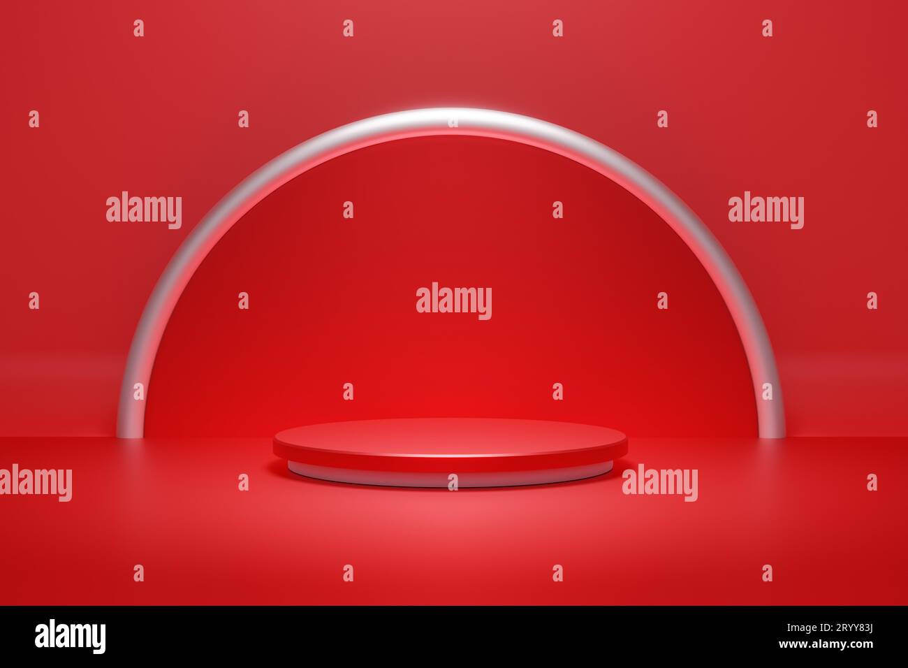 Rotes Produkt Podium Bühne und silberner Ring und Spotlight Hintergrund. Abstraktes Konzept der minimalen Geometrie. Messe- und Geschäftszentrum Stockfoto