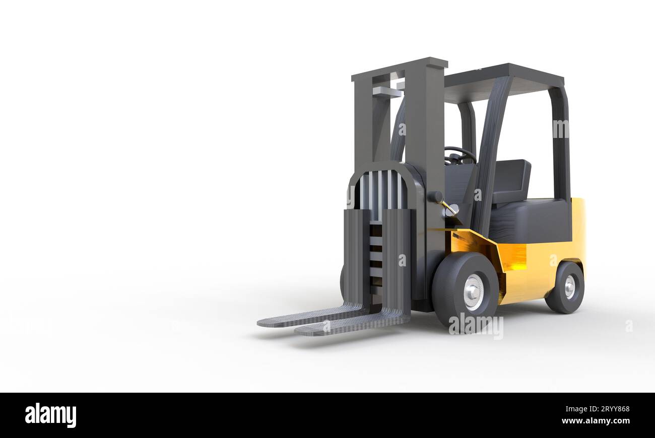 Gelber Gabelstapler mit leerem Gabelparkplatz auf weißem Hintergrund. Transport- und Industriekonzept. Versand- und Lieferlager Stockfoto