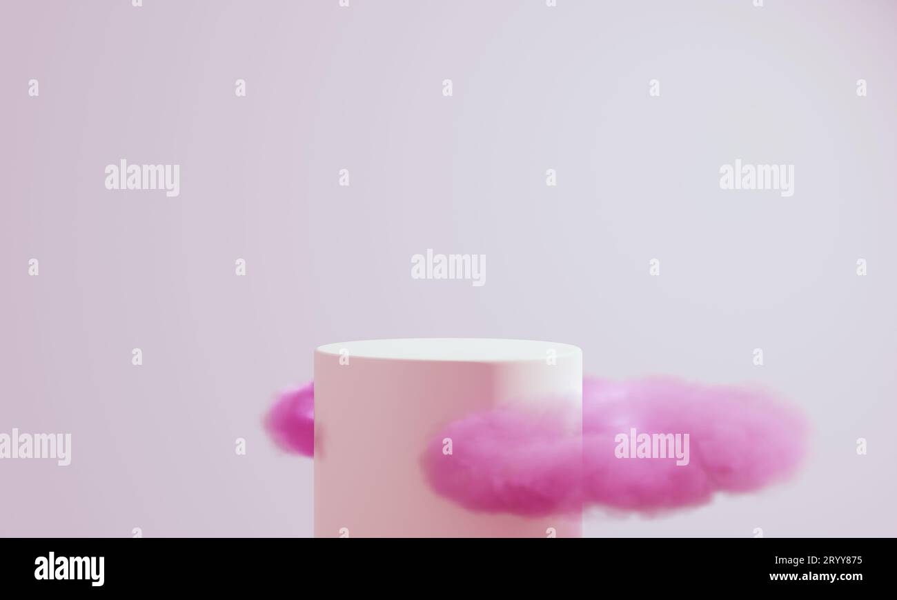 Rosafarbenes Zylinderpodium mit flauschiger Wolke und Hintergrund für Kopierraum. Abstraktes und minimalistisches Konzept. 3D-Illustration rend Stockfoto