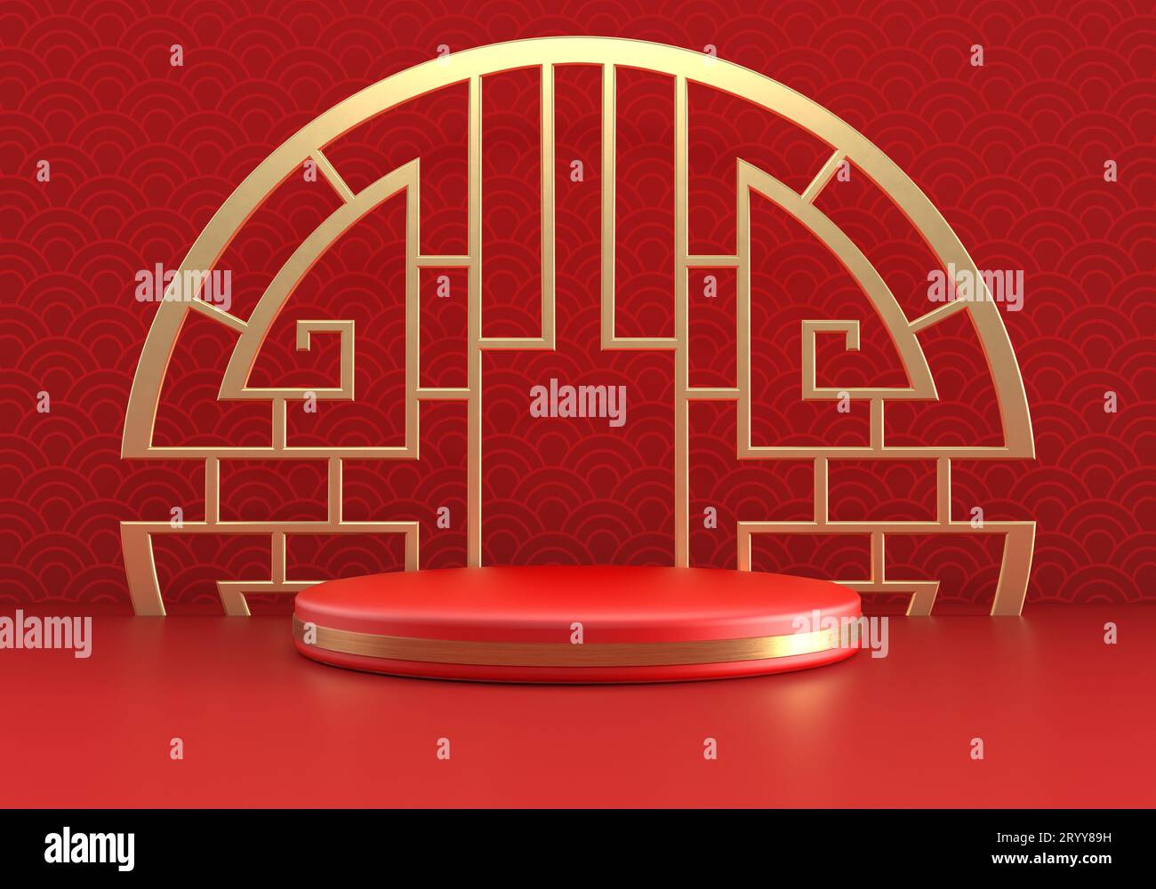 Chinesisches Neujahrsrot im modernen Stil ein Podium Produktpräsentation mit goldenem Ring Rahmen und China Muster Hintergrund. Frohe Ferien Stockfoto
