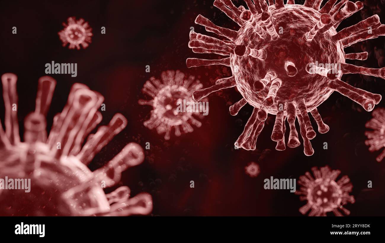 Supercloseup Coronavirus COVID-19 im menschlichen Lungenkörperhintergrund. Wissenschaftliches Mikrobiologiekonzept. Ausbruchsepidem des roten Corona-Virus Stockfoto
