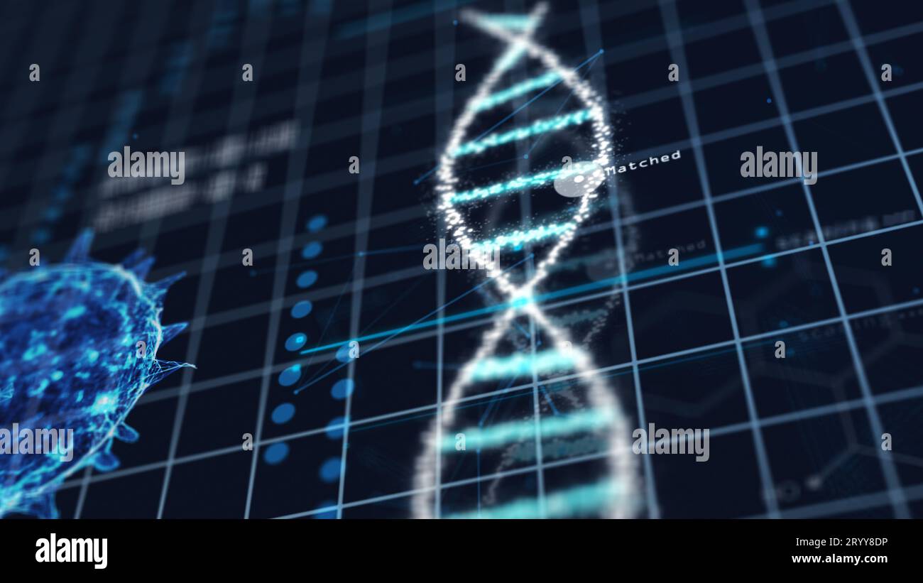 Medizinisch-technische Spiral-DNA-Chromosom im Virusanalyselabor auf blauem Gitterhintergrund. Abstraktes Hologramm HUD-Interface und Bio Stockfoto