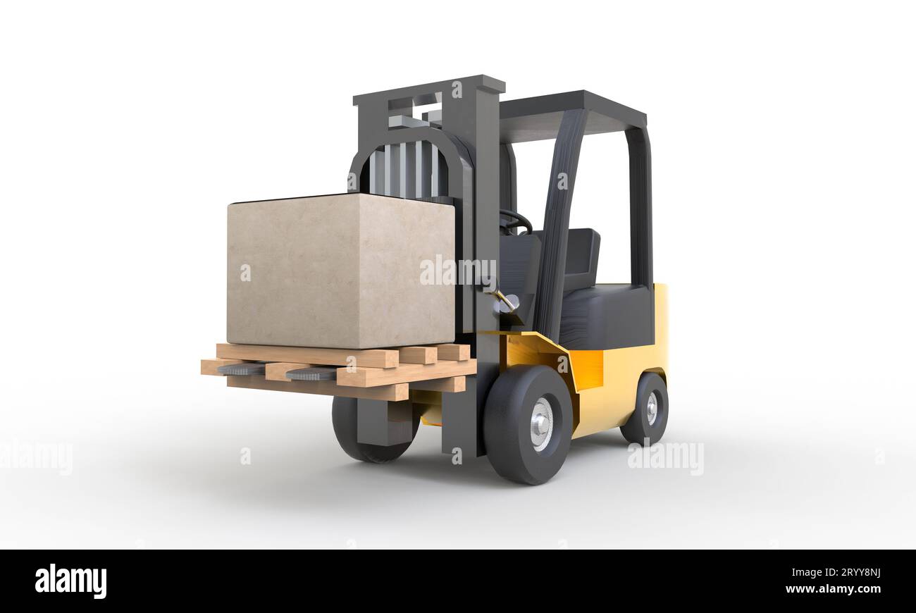 Gelber Gabelstapler bewegt und hebt die Kartonpalette auf weißem Hintergrund an. Transport- und Industriekonzept. Versand Stockfoto