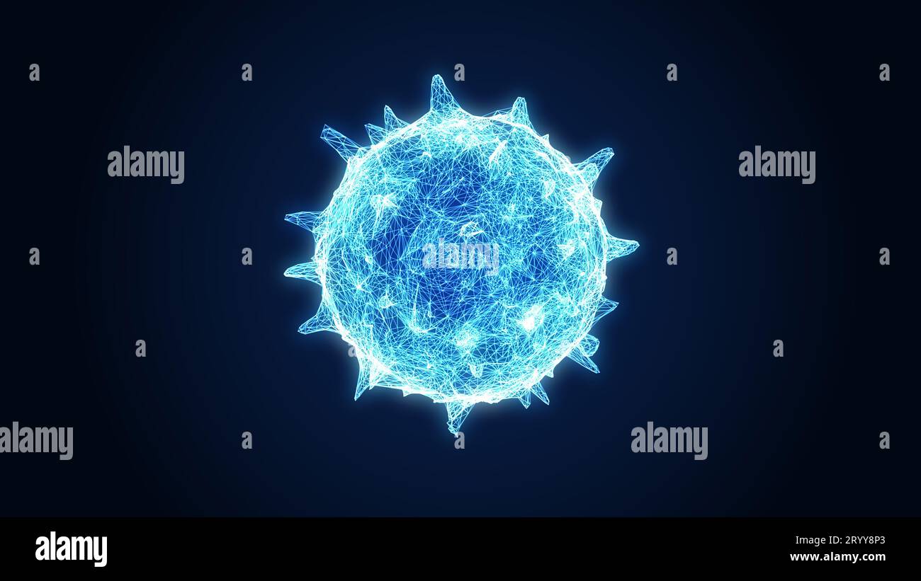 Nahaufnahme glühendes Influenzavirus auf dunkelblauem Hintergrund. Blaues abstraktes Plexus-Drahtmodell Coronavirus. Wissenschaft und Medizin. Mikro Stockfoto