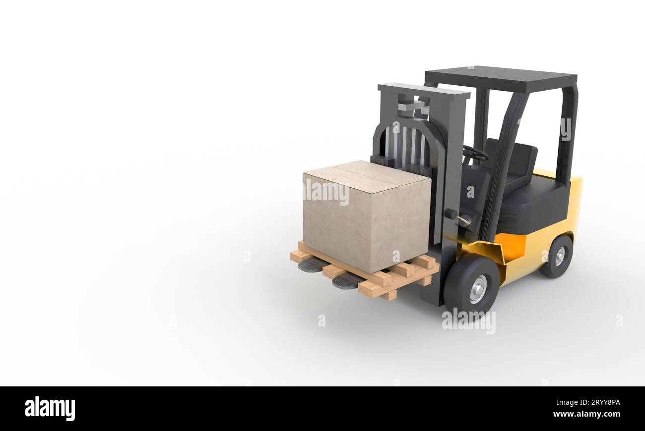 Gelber Gabelstapler bewegt und hebt die Kartonpalette auf weißem Hintergrund an. Transport- und Industriekonzept. Versand Stockfoto