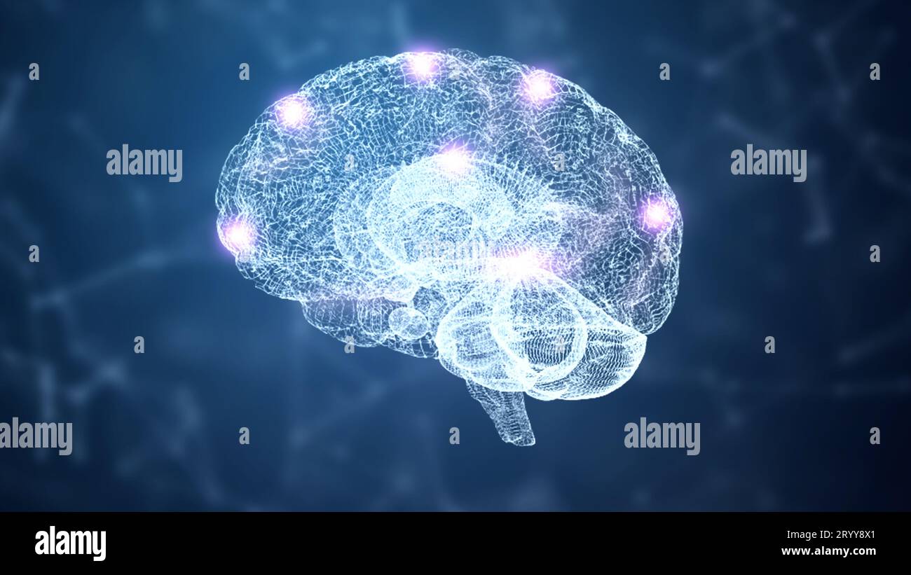 Abstrakter HUD-Drahtmodell-Hologramm-Simulationsknoten für Gehirn und Nervensystem mit Beleuchtung auf blauem Hintergrund. Nanotechnologie und Fu Stockfoto