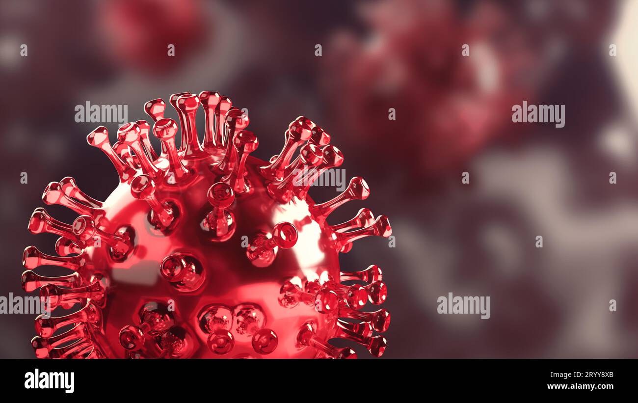 Close up Coronavirus COVID-19 im menschlichen Lungenkörperhintergrund. Wissenschaftliches Mikrobiologiekonzept. Ausbruch des Purple Corona Virus Epidemie. Stockfoto