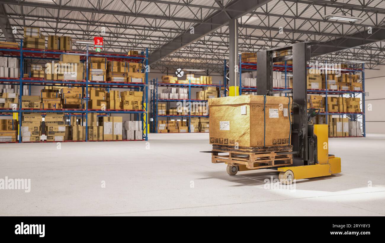 Handhubwagen des Elektrostaplers zum Anheben des Kartons für die Lieferung an den Kunden im Lagerlager. Geschäfts- und Logistikkonz Stockfoto