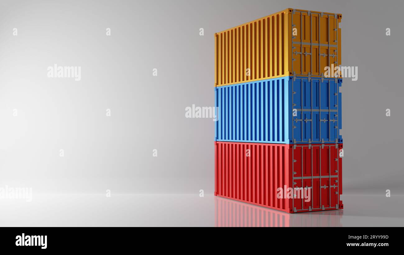 Dreifarbiger intermodaler Containerstapel auf weißem Hintergrund. Industrieschifffahrt Containerladung im Hafen der Werft Stockfoto