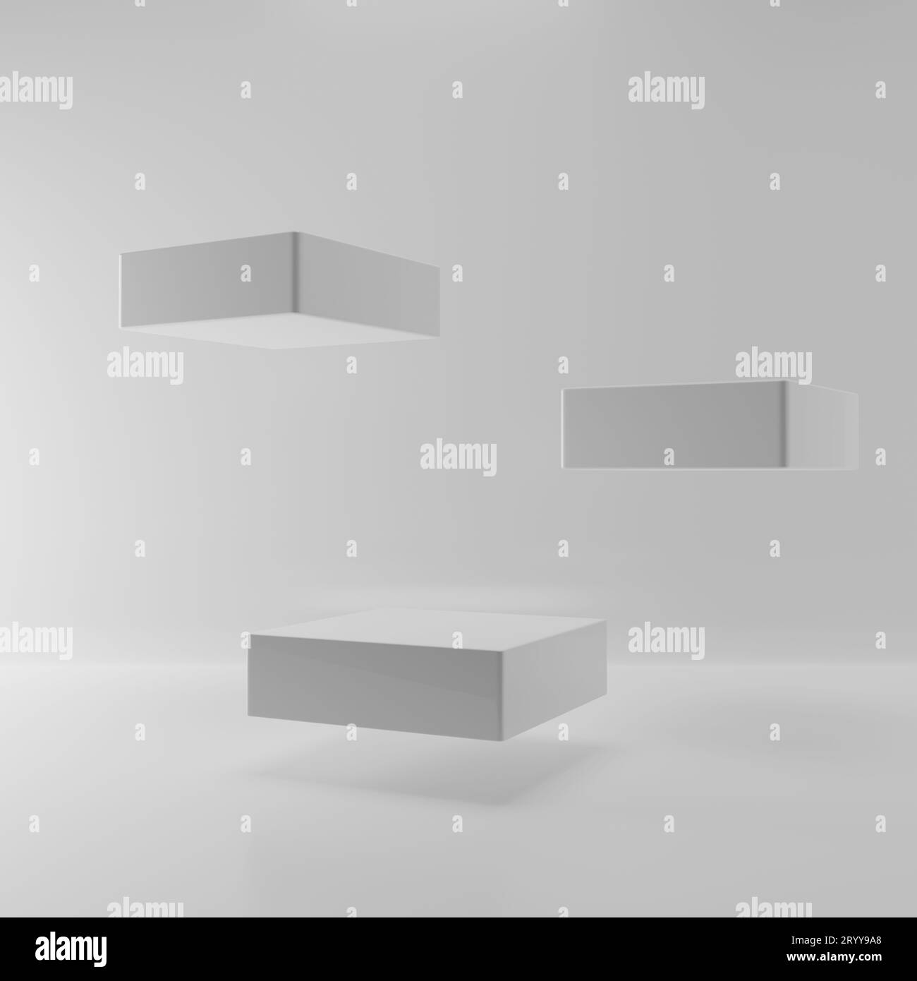 Schwebender quadratischer Tisch auf weißem Hintergrund. Kurzfassung von drei Podest im leeren Raum für Produktwerbepräsentation Stockfoto