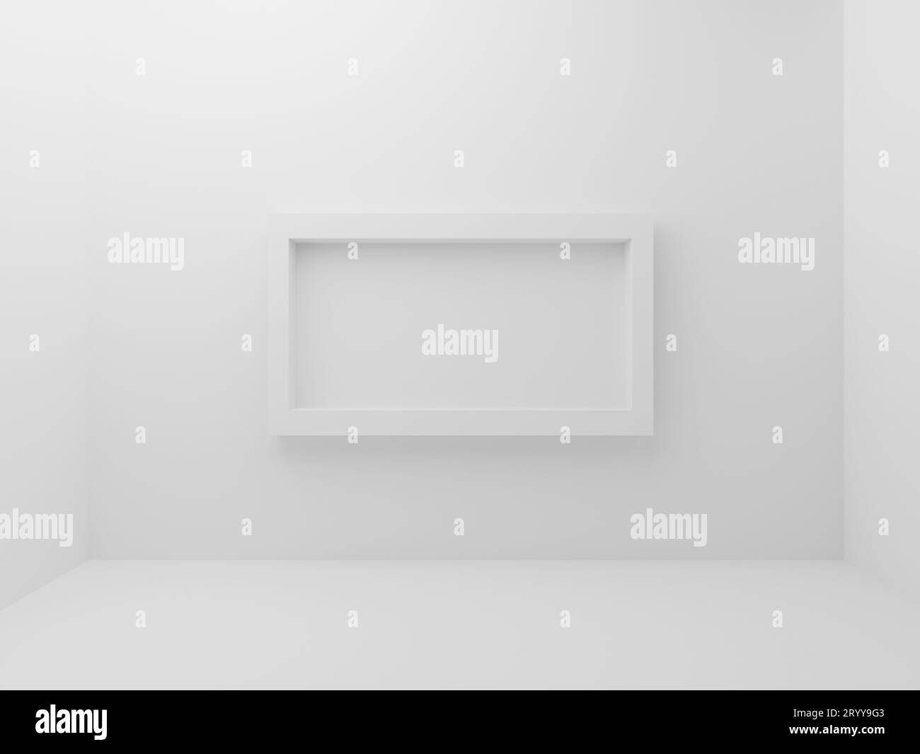 Weißer, leerer Raum mit Rahmen für einen Modellfotorahmen in der Mitte des Wandhintergrunds. Abstraktes und dekoratives Objektkonzept. Minimal AR Stockfoto