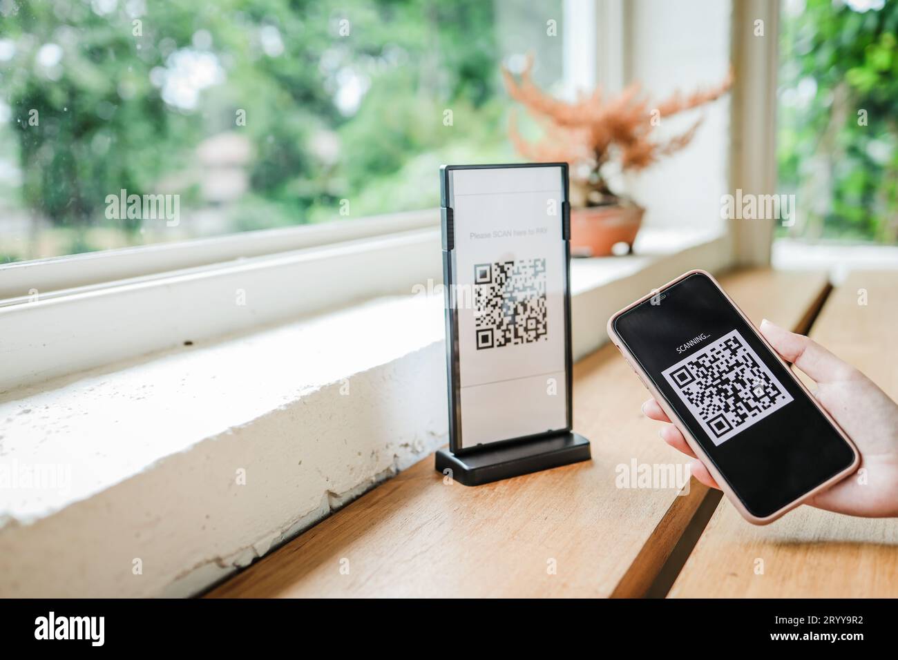 E Wallet QR-Code-Zahlung. Frau scannt QR-Code Online-Shopping bargeldloses Technologiekonzept Stockfoto
