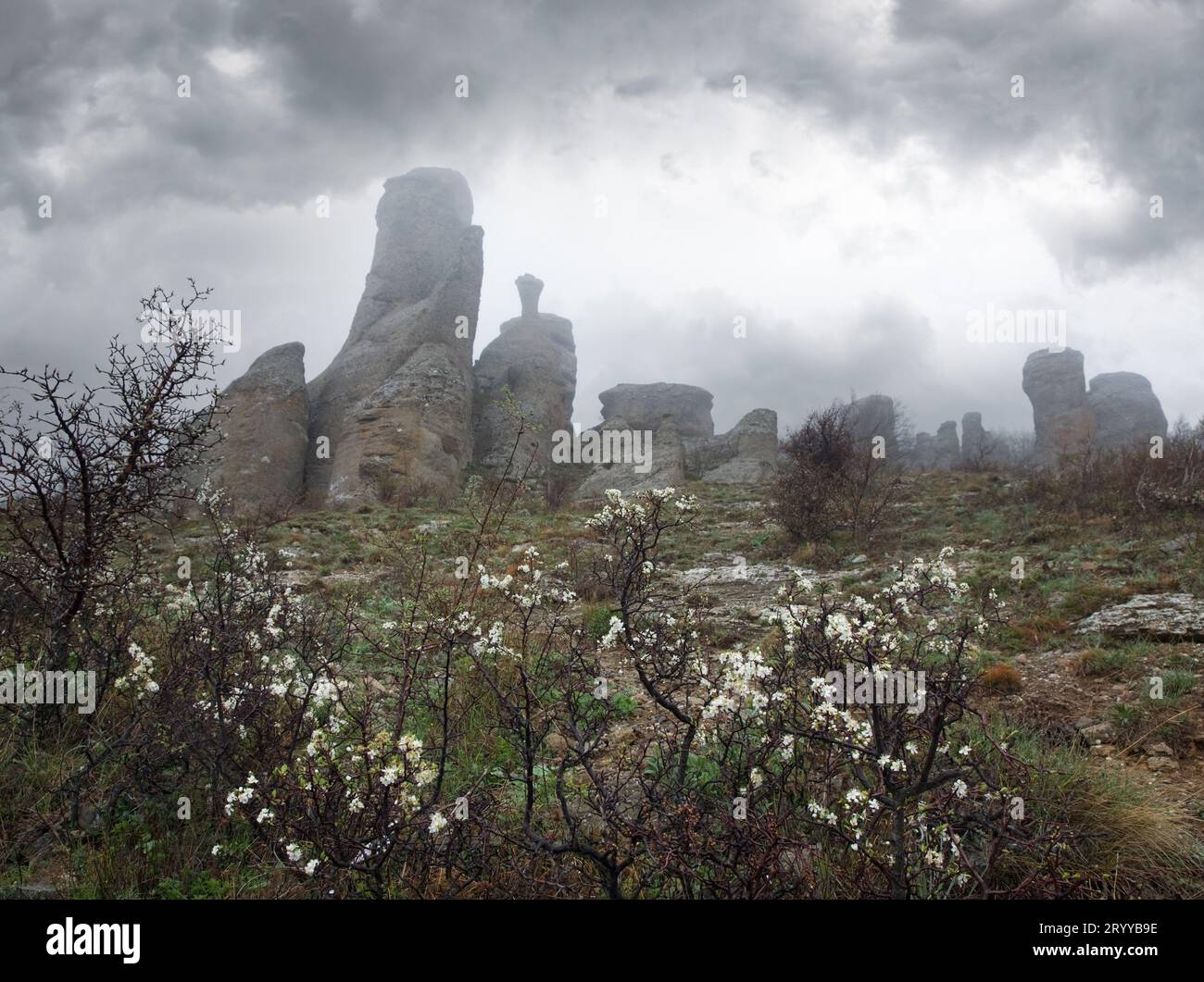 Felsige Berge mit nebiger Aussicht (Demerdzhi, Krim, Ukraine). Stockfoto