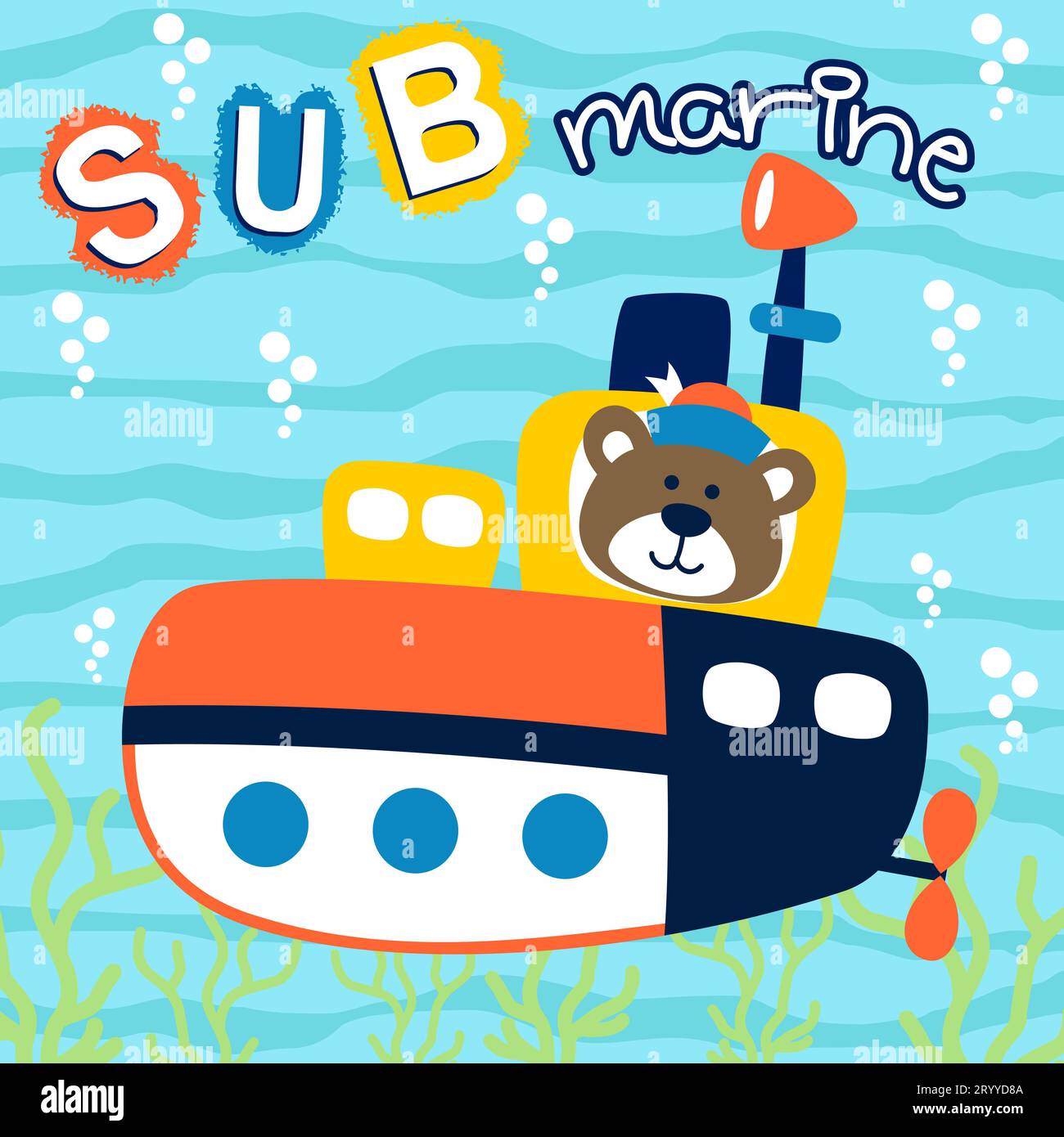 U-Boot mit niedlichem Bärensegler unter Wasser, Vektor-Zeichentrickillustration Stock Vektor