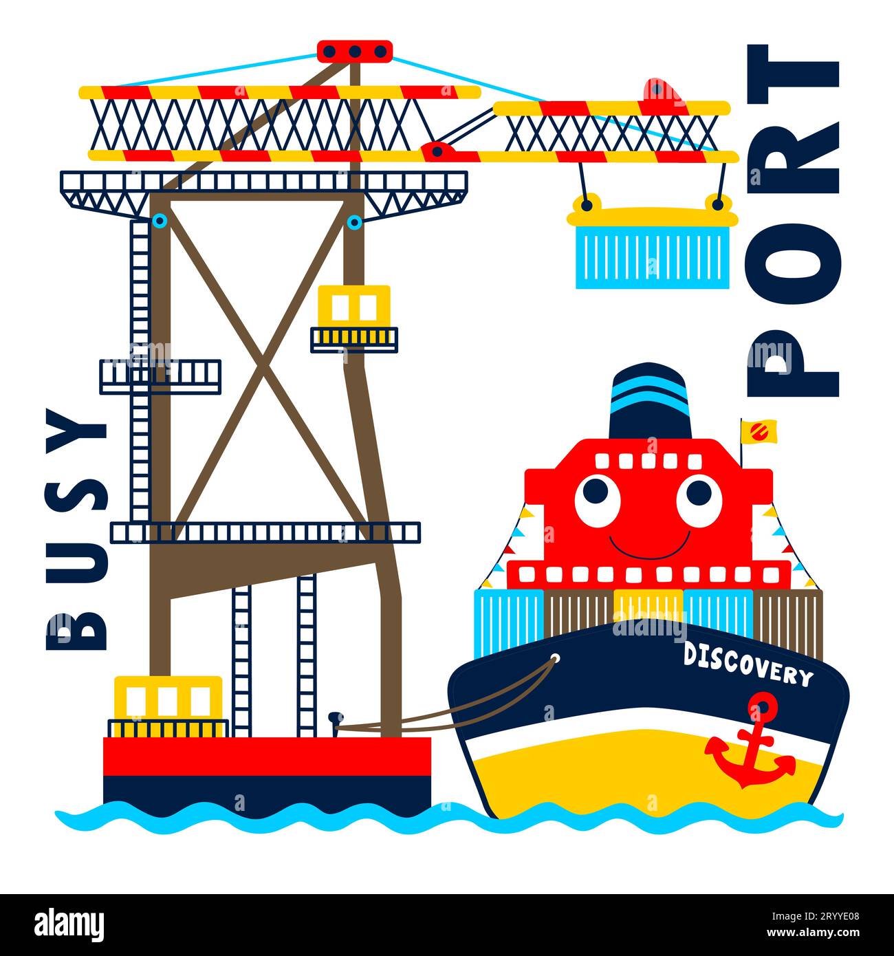 Komisches Frachtschiff in einem Hafen, Vektor-Comic-Illustration Stock Vektor