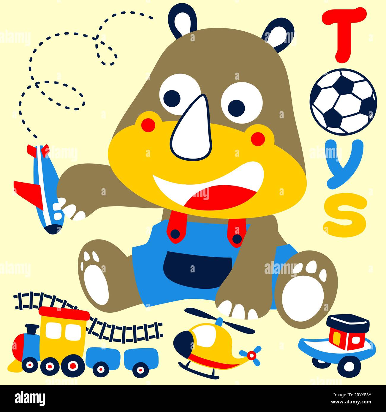 Kleines Nashorn mit Spielzeug, Vektor-Zeichentrickillustration Stock Vektor