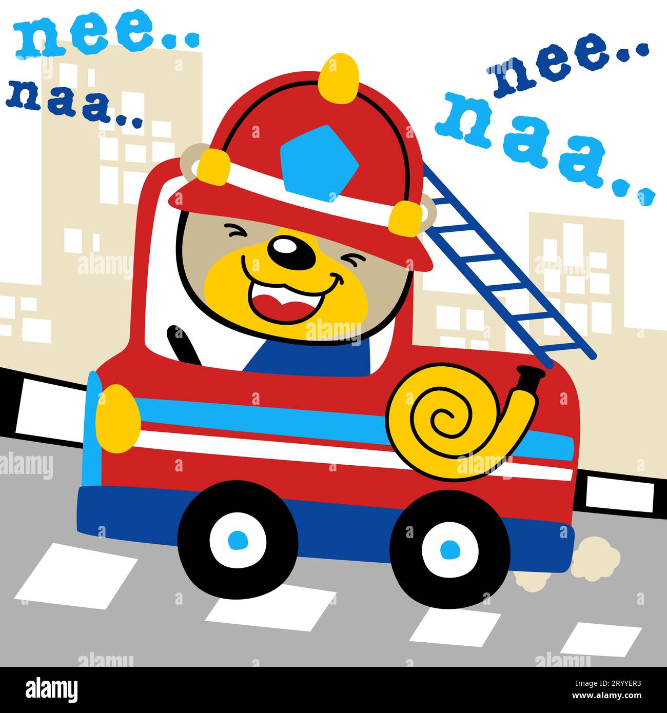 Niedlicher Bär, der Feuerwehrauto auf der Stadtstraße fährt, Vektor-Karikaturillustration Stock Vektor