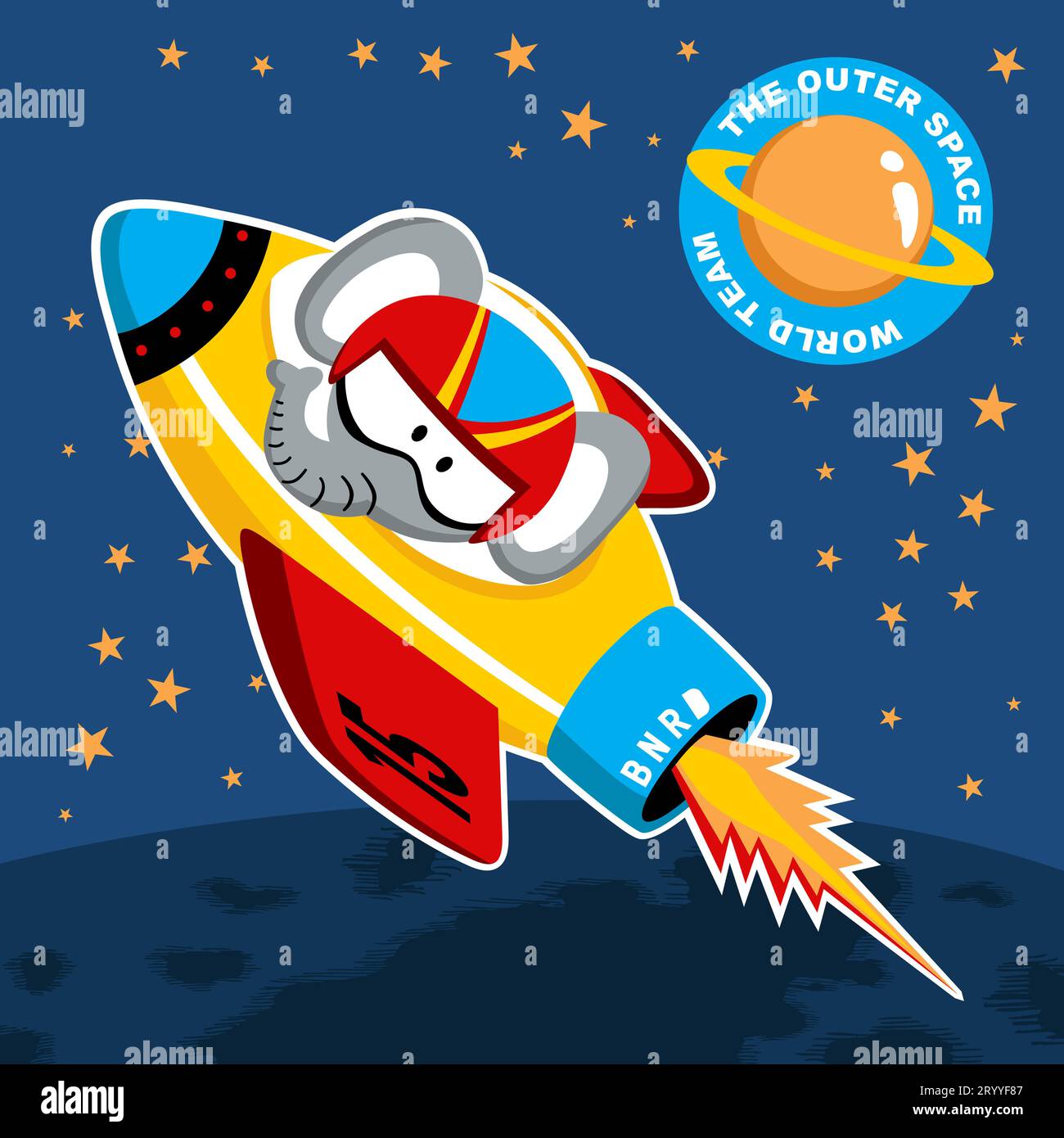 Netter Elefant auf Rakete im Raum, Vektor-Karikaturillustration Stock Vektor