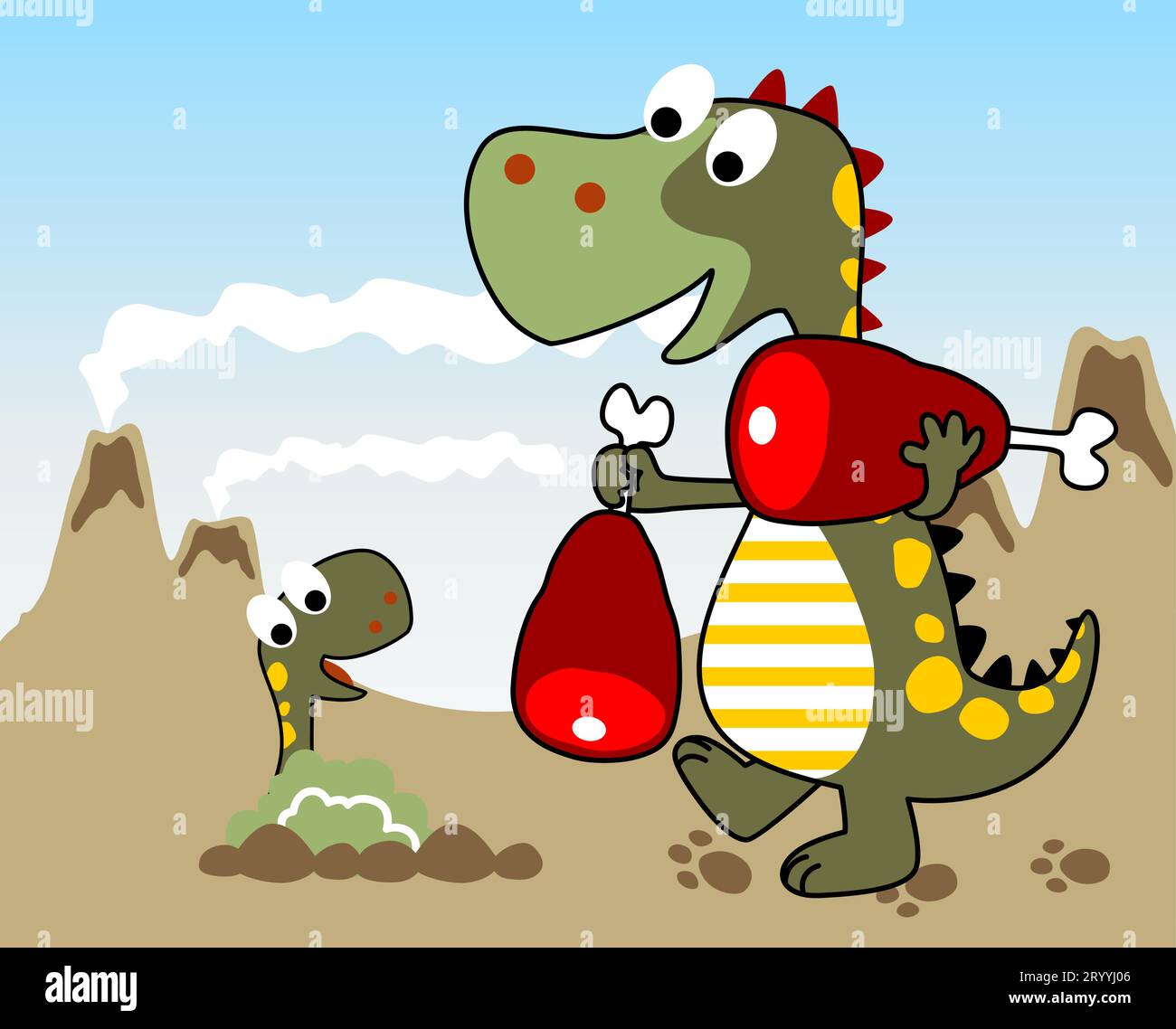 Ein Dinosaurier, der Fleisch für die Fütterung des Babys trägt, Vektor-Zeichentrickillustration Stock Vektor