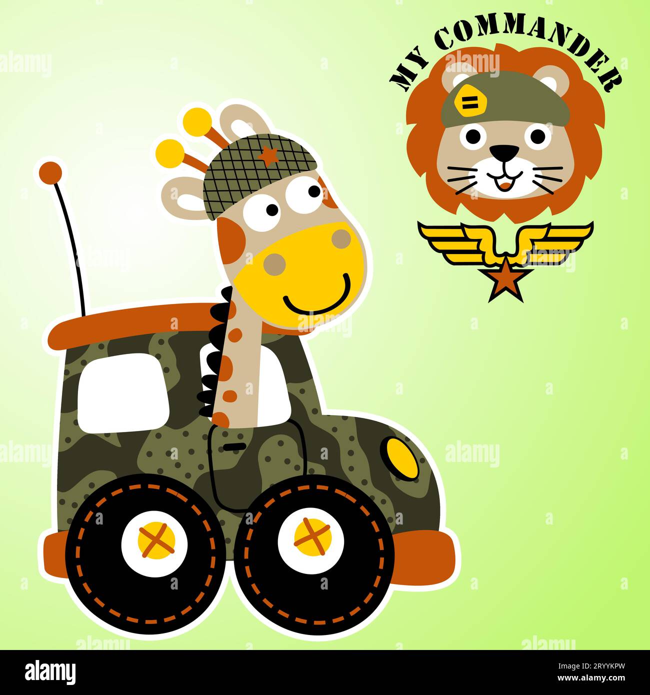 Niedliche Giraffe, die Militärauto fährt, niedlicher Löwe, der Armee Baskenmütze trägt, T-Shirt-Design, Vektor-Karikaturillustration Stock Vektor