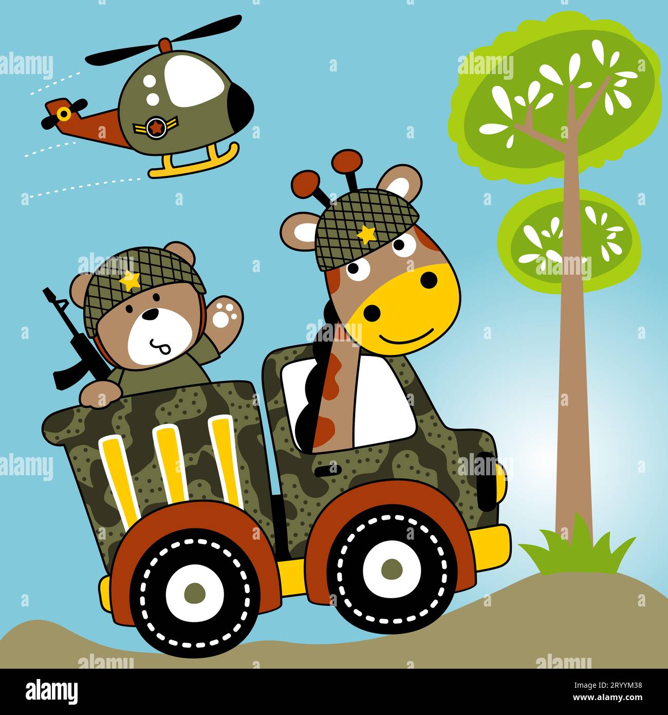 Niedlicher Bär und Giraffe tragen Militärhelm auf Tarnwagen, Militärhubschrauber, Vektor-Karikaturillustration Stock Vektor