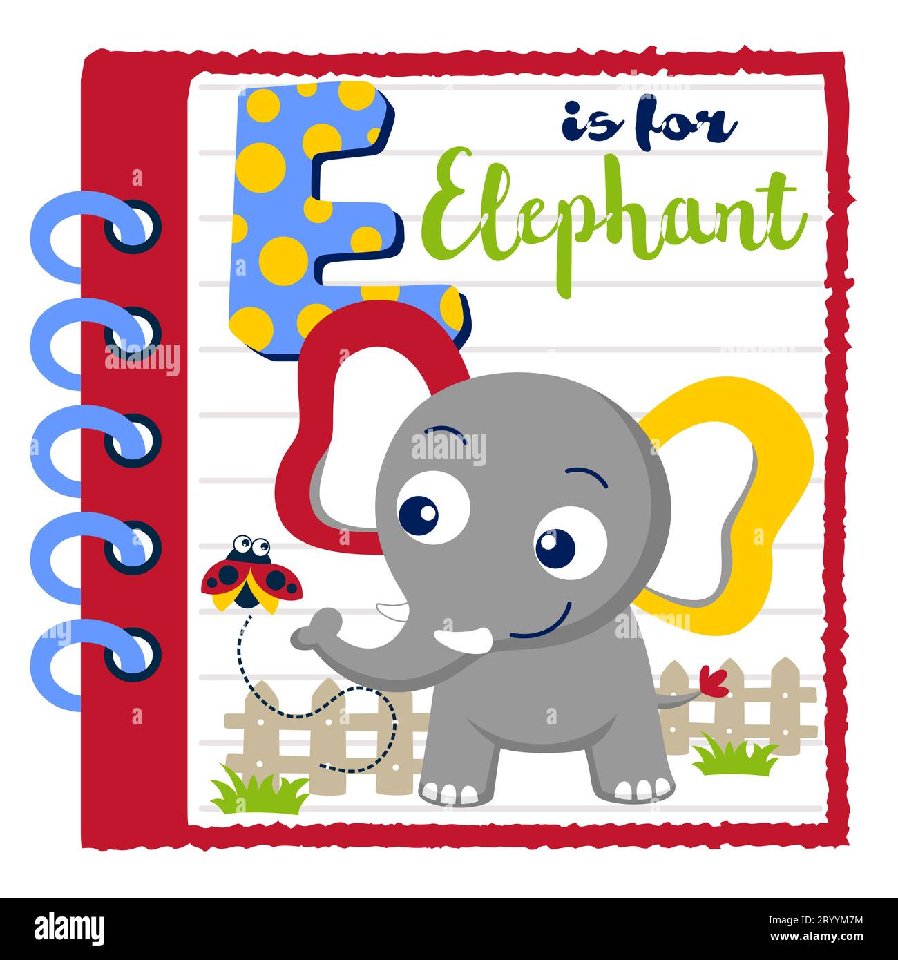 Netter Elefant mit Marienkäfer im Notizbuchrahmen, Bildung Cartoon für Kinder, Vektor-Cartoon Illustration Stock Vektor