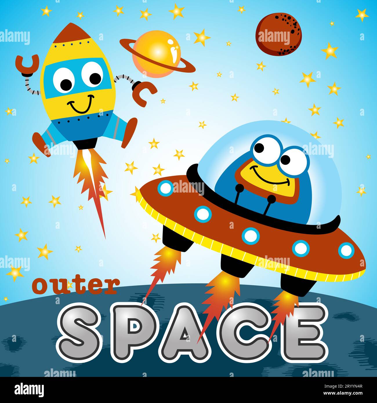 Niedliches Alien auf UFO mit lustiger Rakete, Space Elements Illustration, Vektor-Cartoon Illustration Stock Vektor