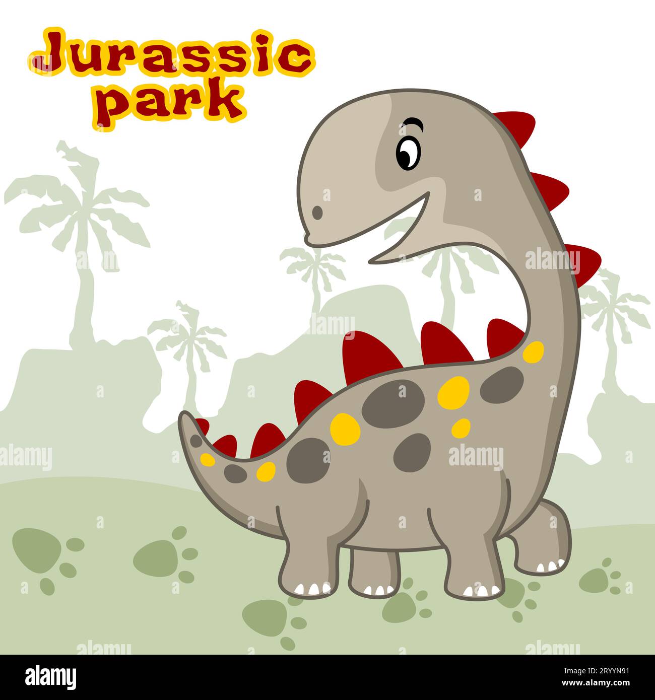 Lustiger Dinosaurier auf Palmenhintergrund, Vektor-Karikaturillustration Stock Vektor