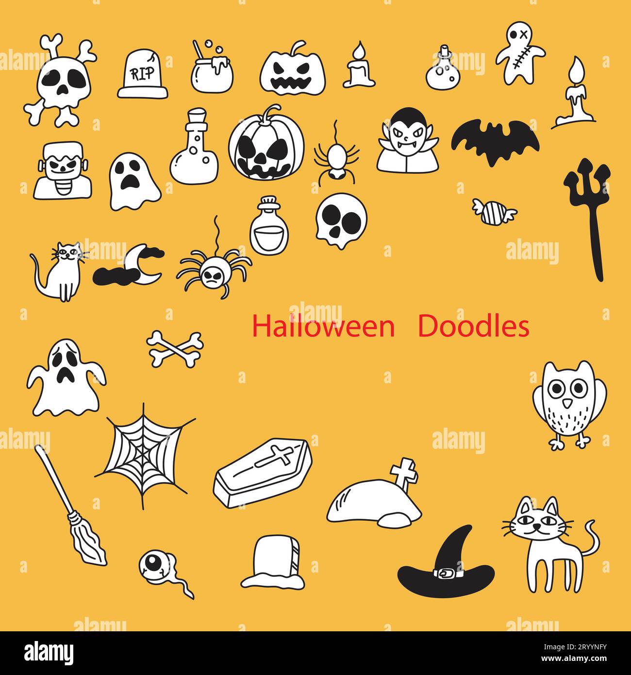 Doodle halloween Horror Set Illustration Vektor Hand gezeichnet isoliert auf orange Hintergrund Stock Vektor