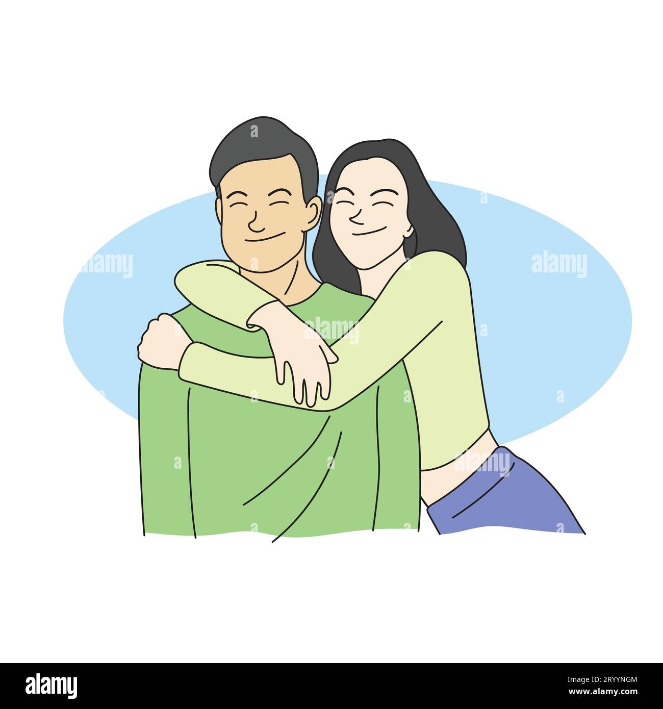 Halbe Länge des Geliebten Paares Umarmung und Lächeln Illustration Vektor Hand gezeichnet isoliert auf weißem Hintergrund Stock Vektor