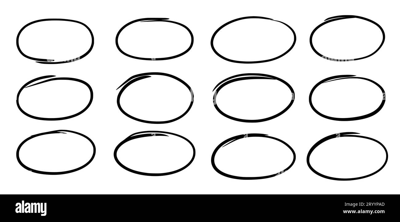 Ovales Set mit gezeichneter Stiftlinie. Handgezeichneter Markierstift mit ovalem Rahmen im Strichstil. Scribble Round Frame for Text Highlight (Runder Rahmen für Textmarkierung). Grunge Scratch-Set. Vektorillustration Stock Vektor