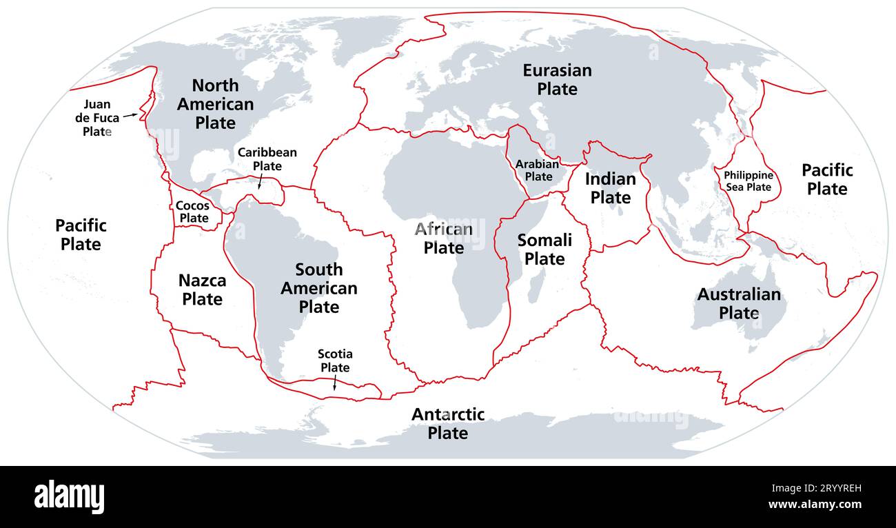 Die wichtigsten tektonischen Platten der Erde, graue Karte. Die sechzehn großen Teile der Erdkruste und des obersten Mantels, die Lithosphäre genannt werden. Stockfoto