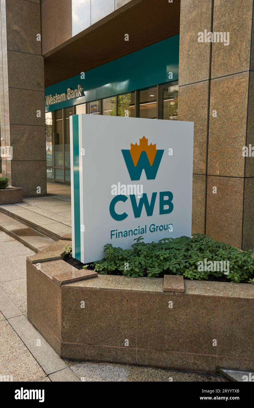 Schild der Canadian Western Bank CWB Financial Group an der West Georgia Street im Stadtzentrum von Vancouver, British Columbia, Kanada Stockfoto