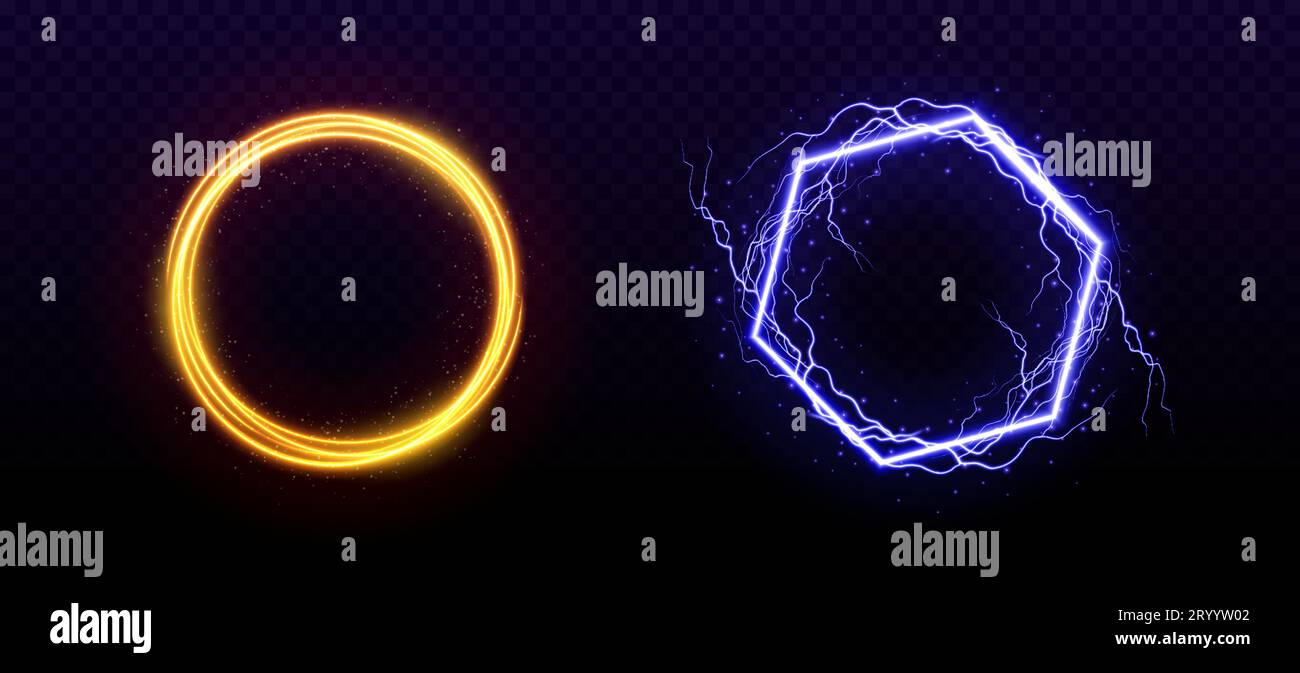 Magische Portale mit Blitzschlag und schimmernden Effekten. Vektor-realistische Illustration von runden und sechseckigen orange und blaue Avatarrahmen mit funkelnden Partikeln, elektrischen Bolzen Stock Vektor