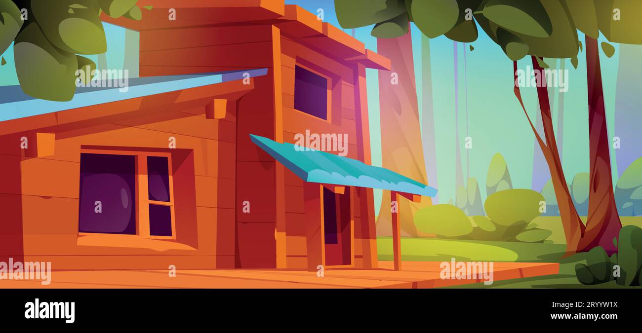 Waldhaus Terrasse und Haus Veranda Cartoon Illustration. Holzhüttenterrasse im Sommer. Rustikales Hotel mit Fenster, Dach und Tür in Naturumgebung an sonnigen Tagen. Mystischer Platz auf dem Rasen Stock Vektor